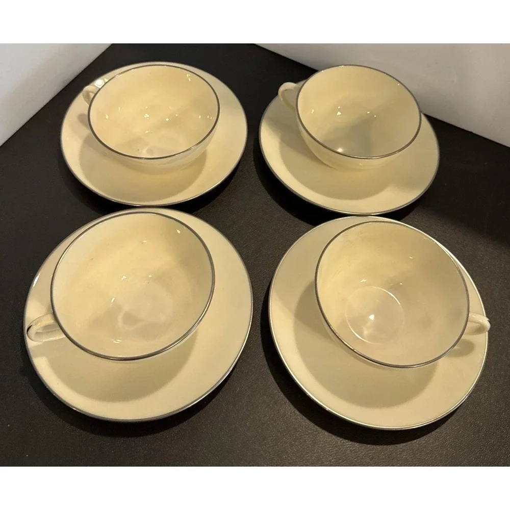 Lenox Olympia Silver Platinum Trim Teacup Tea Cup Saucer Set Of 4 USA X-303P
